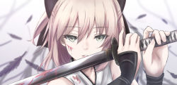 Rule 34 | 1girl, arm guards, black bow, bleeding, blonde hair, blood, bow, cuts, eneo, fate (series), feathers, grey eyes, hair between eyes, hair bow, half updo, holding, holding sword, holding weapon, injury, japanese clothes, katana, kimono, koha-ace, looking at viewer, okita souji (fate), okita souji (koha-ace), parted lips, sleeveless, sleeveless kimono, solo, sword, weapon, white kimono