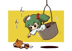 Rule 34 | 1girl, :x, black eyes, blush stickers, bucket, character doll, clenched teeth, female focus, green hair, hair bobbles, hair ornament, hanging, horns, hoshiguma yuugi, in bucket, in container, japanese clothes, kimono, kisume, letter, lying, on ground, outstretched arm, outstretched hand, reaching, single horn, solo, star (symbol), stuffed animal, stuffed toy, teddy bear, teeth, touhou, twintails, yukata, zannen na hito