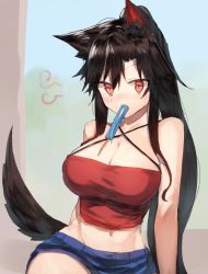 Rule 34 | 1girl, alternate costume, alternate hairstyle, animal ear fluff, animal ears, bad id, bad twitter id, bare arms, bare shoulders, black hair, blue sky, blush, breasts, camisole, casual, cleavage, commentary request, contemporary, cowboy shot, criss-cross halter, crop top, day, denim, denim shorts, food, food in mouth, hair between eyes, halterneck, imaizumi kagerou, large breasts, long hair, looking at viewer, midriff, mouth hold, navel, nose blush, outdoors, ponytail, popsicle, red eyes, short shorts, shorts, sky, slit pupils, solo, suminagashi, sweat, tail, touhou, very long hair, wolf ears, wolf tail