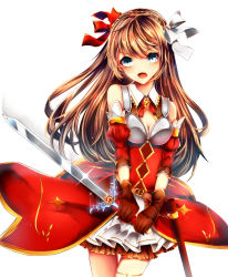 Rule 34 | 1girl, animal ears, blue eyes, breasts, brown gloves, brown hair, cleavage, detached sleeves, gloves, hair ribbon, holding, holding sword, holding weapon, milk ame, milkcandyillust, open mouth, original, red ribbon, ribbon, sitting, skirt, solo, sword, tenkuu no craft fleet, weapon, white background, white ribbon