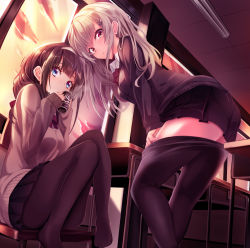 Rule 34 | 2girls, black legwear, black skirt, blue eyes, blush, brown eyes, brown hair, can, canned coffee, chair, classroom, clothes pull, desk, drink can, evening, from below, grey hair, hair ornament, hairband, haruka natsuki, holding, holding can, indoors, knees up, legs, long hair, looking at viewer, miniskirt, multiple girls, original, pantyhose, parted lips, pleated skirt, school, school desk, school uniform, sidelocks, sitting, skirt, sleeves past wrists, sweater, undressing, window, x hair ornament