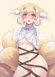 Rule 34 | 1girl, absurdres, animal ears, arknights, arms behind back, blonde hair, blush, bound, breasts, commentary request, cowboy shot, fang, flower, fox ears, fox girl, fox tail, frown, full-face blush, green eyes, hair between eyes, hair ornament, hairband, highres, lily of the valley, looking at viewer, mizuki3000, multiple tails, naked shirt, navel, no bra, no panties, open mouth, shadow, shirt, short hair, signature, simple background, skin fang, small breasts, solo, suzuran (arknights), tail, thighs, v-shaped eyebrows, white hair, white sleeves, yellow background