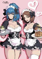 Rule 34 | 2girls, absurdres, alternate costume, apron, black ribbon, blue eyes, blue hair, breasts, brown eyes, brown hair, character request, cleavage, closed mouth, collarbone, dress, earrings, heart, high ponytail, highres, holding, holding tray, jewelry, kurogane naoto (churushiko), large breasts, leona heidern, long hair, maid, maid apron, maid headdress, multiple girls, open mouth, pink background, ponytail, ribbon, short hair, skirt, snk, the king of fighters, thighhighs, thighs, tray, whip (kof)