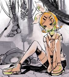 Rule 34 | 1girl, android, bare shoulders, black choker, blonde hair, bow, cable, choker, collared shirt, commentary, detached arm, greyscale, hair bow, hairband, headphones, headset, highres, joints, kagamine rin, limited palette, mechanical legs, mechanical parts, midriff peek, monochrome, monochrome background, neckerchief, number tattoo, robot joints, shirt, shoes, shorts, shoulder tattoo, sitting, sketch, sleeveless, sleeveless shirt, smile, sneakers, solo, tattoo, thighhighs, tube, vocaloid, waduka renri, white bow