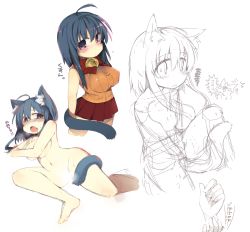 Rule 34 | 1girl, ahoge, animal ears, bad id, bad pixiv id, barefoot, bell, blue hair, blush, breasts, cat ears, cat tail, fang, groin, jingle bell, large breasts, long hair, looking at viewer, multiple views, navel, necco (tefun), nude, open mouth, orange shirt, original, pink eyes, pleated skirt, ribbed sweater, shirt, sketch, skirt, sleeveless, sleeveless turtleneck, sweater, tail, tefun, tefun (tehun), translation request, turtleneck, white background