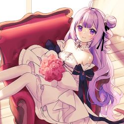 Rule 34 | 1girl, ahoge, armchair, azur lane, bare shoulders, black bow, black ribbon, blush, bouquet, bow, breasts, chair, closed mouth, collar, collarbone, couch, detached collar, detached sleeves, dress, feet out of frame, flower, gloves, hair bun, hair flower, hair ornament, hair ribbon, holding, holding bouquet, indoors, long hair, long sleeves, looking at viewer, nami (nyaa), official alternate costume, on couch, one side up, pantyhose, petite, pink flower, pink rose, purple eyes, purple hair, red flower, red rose, ribbon, rose, side bun, sidelocks, single hair bun, single side bun, sitting, smile, solo, strapless, strapless dress, sunlight, unicorn (a dream of pure vows) (azur lane), unicorn (azur lane), very long hair, wedding dress, white dress, white legwear, white pantyhose, window, wooden floor