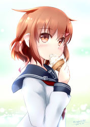 Rule 34 | 10s, 1girl, brown eyes, brown hair, dated, eating, food, hair ornament, hairclip, highres, ice cream, ice cream cone, ikazuchi (kancolle), kantai collection, looking at viewer, short hair, soft serve, solo, tsubasa (abchipika), twitter username