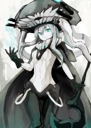 Rule 34 | 10s, 1girl, abyssal ship, aqua eyes, blue eyes, bodysuit, cape, covered navel, gloves, headgear, highres, kantai collection, long hair, looking at viewer, monster, nosuku, on head, pale skin, pants, polearm, silver hair, skin tight, smirk, solo, staff, standing, teeth, weapon, wo-class aircraft carrier