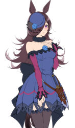 Rule 34 | 1girl, animal ears, back bow, bare shoulders, belt, black bow, black hair, black thighhighs, blue dress, blue flower, blue hat, blue rose, bow, brown belt, closed mouth, commentary, cowboy shot, dagger, dress, flower, flying sweatdrops, fur collar, hair over one eye, hand on own chest, hat, hat flower, horse ears, horse girl, horse tail, knife, lace, lace-trimmed dress, lace-trimmed thighhighs, lace trim, large bow, long hair, long sleeves, looking at viewer, off-shoulder dress, off shoulder, purple eyes, rice shower (umamusume), rose, sheath, sheathed, short dress, solo, standing, tail, thighhighs, tilted headwear, umamusume, weapon, zucchini
