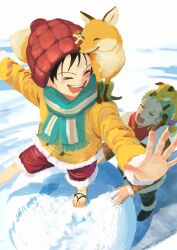 Rule 34 | 2boys, 7nawon, animal, animal on head, animal on shoulder, beanie, black hair, closed eyes, coat, day, earrings, facial scar, flip-flops, fox, from above, full body, green hair, hat, highres, jewelry, looking at another, male focus, monkey d. luffy, multiple boys, on head, one piece, open mouth, outdoors, roronoa zoro, sandals, scar, scar on cheek, scar on face, scarf, short hair, sideburns, single earring, smile, snowball, winter, winter clothes, winter coat