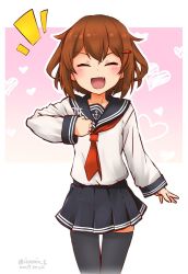 Rule 34 | 1girl, ^^^, anchor symbol, black skirt, black thighhighs, brown hair, closed eyes, commentary request, facing viewer, fang, gradient background, hair ornament, hairclip, ikazuchi (kancolle), izumikuma, kantai collection, neckerchief, pink background, pleated skirt, red neckerchief, school uniform, serafuku, short hair, skirt, smile, solo, thighhighs