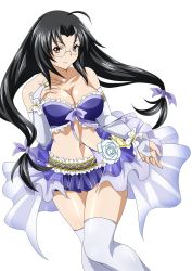 Rule 34 | 1girl, bare shoulders, black hair, breasts, bridal gauntlets, cleavage, female focus, glasses, highres, ikkitousen, kaku bunwa, large breasts, long hair, midriff, navel, red eyes, simple background, solo, strapless, thighhighs, twintails, white background, white thighhighs