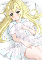 Rule 34 | 1girl, absurdres, blonde hair, blush, breasts, closed mouth, commentary request, creatures (company), eyelashes, game freak, green eyes, head on pillow, highres, knee up, lillie (pokemon), long hair, looking at viewer, lying, medium breasts, nintendo, on back, pillow, pleated skirt, pokemon, pokemon sm, seriponpoyon, shirt, short sleeves, skirt, solo, white shirt, white skirt