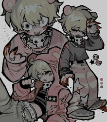 Rule 34 | 1boy, absurdres, animal ears, bear ears, black shirt, blood, blood on hands, choker, claws, earrings, gloomy bear, grey pants, grey sweater, highres, hood, hood up, jacket, jewelry, male focus, necklace, notice lines, open mouth, original, pants, personification, pink jacket, pink pants, sharp teeth, shirt, simple background, solo, spiked choker, spikes, sweater, teeth, tonkatsu184, white background