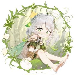 Rule 34 | 1girl, bare shoulders, barefoot, bird, cross-shaped pupils, detached sleeves, dress, full body, genshin impact, green eyes, green hair, grin, hair ornament, highres, kassitta, leaf hair ornament, light blush, long hair, looking at viewer, multicolored hair, nahida (genshin impact), pointy ears, side ponytail, sitting, smile, solo, symbol-shaped pupils, wet, wet clothes, white dress, white hair, wristband