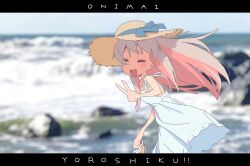 Rule 34 | 1girl, bare arms, bare shoulders, beach, blue ribbon, blurry, blurry background, blush, closed eyes, colored inner hair, cowboy shot, day, dress, floating hair, from side, grey hair, hat, highres, holding, holding clothes, holding footwear, horizon, leaning forward, letterboxed, long hair, multicolored hair, onii-chan wa oshimai!, open mouth, orange hair, outdoors, oyama mahiro, photo background, ribbon, rock, romaji text, sleeveless, sleeveless dress, smile, solo, straw hat, sundress, tebarkgk, turning head, two-tone hair, v, water, white dress, wind