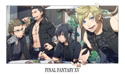 Rule 34 | 10s, 4boys, ^ ^, arm tattoo, bad id, bad pixiv id, black hair, black shirt, blonde hair, blouse, blue eyes, bottle, brown hair, chest tattoo, closed eyes, copyright name, day, drinking, eating, facial hair, final fantasy, final fantasy xv, food, gladiolus amicitia, hair between eyes, hair slicked back, ignis scientia, jewelry, kiragera, male focus, meat, multiple boys, necklace, noctis lucis caelum, outside border, pectorals, plant, plate, print shirt, prompto argentum, shirt, spiked hair, stubble, swept bangs, tattoo, vegetable