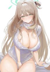 Rule 34 | 1girl, alternate costume, black bow, blue archive, bow, breasts, brown hair, cleavage, closed mouth, commentary request, green eyes, green halo, hair bow, halo, highres, large breasts, long hair, looking at viewer, metsu end, nonomi (blue archive), simple background, smile, solo, sweater, thighs, turtleneck, turtleneck sweater, white background, white sweater