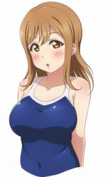 Rule 34 | 10s, 1girl, bare shoulders, blush, breasts, brown hair, competition swimsuit, covered navel, kunikida hanamaru, long hair, looking at viewer, love live!, love live! sunshine!!, medium breasts, one-piece swimsuit, open mouth, orange eyes, simple background, solo, surprised, swimsuit, turkey min, upper body, white background