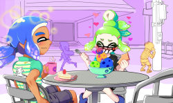 Rule 34 | &gt; &lt;, 2boys, 2girls, bare arms, blue hair, blush, cake, cellphone, chair, closed eyes, cup, day, food, fork, gloom (expression), green hair, hands up, happy, heart, holding, holding cup, holding phone, holding spoon, ice cream, inkling, inkling boy, inkling girl, inkling player character, long hair, mask, minamidena, mouth mask, multiple boys, multiple girls, nintendo, outdoors, pale skin, phone, plate, pointy ears, ponytail, shirt, short hair, short sleeves, shorts, sitting, smartphone, smile, splatoon (series), splatoon 2, spoon, standing, t-shirt, table, tan, tentacle hair, topknot, walking