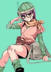 Rule 34 | 1girl, bag, belt, bike shorts, breasts, brown eyes, chrono trigger, closed mouth, glasses, helmet, looking at viewer, lucca ashtear, purple hair, salute, scarf, short hair, simple background, smile, solo, toro tarou