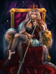 Rule 34 | 1girl, ankle boots, blue eyes, boots, breasts, cape, crown, dan vanilin, earrings, highres, jewelry, legs, crossed legs, long hair, macross, macross frontier, medium breasts, microphone, microphone stand, one eye closed, pink hair, queen, realistic, sheryl nome, sitting, solo, songstress, throne, tongue, tongue out