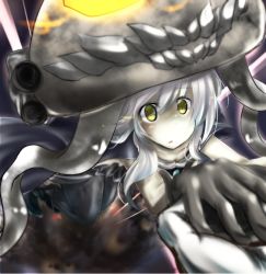 Rule 34 | 10s, 1girl, black gloves, bodysuit, gloves, kantai collection, long hair, personification, rinrin (927413), silver hair, solo, teeth, tentacles, wo-class aircraft carrier, yellow eyes