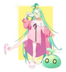 Rule 34 | :3, absurdres, aiee, baggy clothes, black bow, blonde hair, blush, bow, cat slippers, collar, colored inner hair, creature, cross, cross hair ornament, fang, flat chest, frilled collar, frills, green hair, hair ornament, hand fan, high ponytail, highres, leg up, long hair, looking at viewer, multicolored hair, off shoulder, original, petite, round eyewear, short ponytail, simple background, single bare shoulder, slippers, yen sign