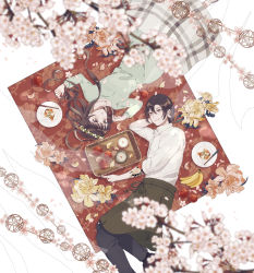 Rule 34 | 1boy, 1girl, absurdres, apple, apron, bad id, bad pixiv id, banana, black pants, blue dress, blurry, blurry foreground, brown apron, brown eyes, brown hair, cherry blossoms, closed mouth, collared shirt, depth of field, dress, flower, food, from above, fruit, head wreath, highres, long sleeves, looking at viewer, original, pants, parted lips, picnic, picnic basket, plate, red apple, satsuki (miicat), shirt, smile, waist apron, white shirt, wing collar, yellow flower