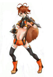 Rule 34 | 1girl, animal ears, arc system works, blazblue, blazblue: continuum shift, brown eyes, brown hair, makoto nanaya, short hair, simple background, solo, squirrel ears, squirrel tail, tail, tonfa, weapon