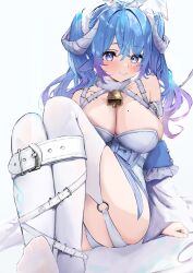Rule 34 | 1girl, absurdres, bare shoulders, bell, blue hair, blush, breasts, cleavage, closed mouth, commentary, cowbell, detached sleeves, gradient hair, guild cq, gyoku seisyoku, highres, knees up, large breasts, leotard, looking at viewer, minai aruma, mole, mole on breast, multicolored hair, no shoes, o-ring, panties, playboy bunny, purple eyes, purple hair, restrained, simple background, sitting, solo, thighhighs, twintails, underwear, virtual youtuber, white background, white leotard, white panties, white thighhighs