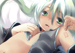 Rule 34 | 1girl, detached sleeves, flat chest, fujisaki hikari, green eyes, green hair, hand on own chest, hatsune miku, long hair, looking at viewer, lying, matching hair/eyes, navel, nipples, no bra, on back, open clothes, open mouth, open shirt, pov, shirt, solo, tattoo, twintails, very long hair, vocaloid