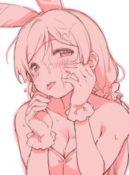 Rule 34 | 1girl, animal ears, bare shoulders, blush, breasts, cleavage, cum, duke (inu daimyou), facial, frilled gloves, frills, gloves, hands on own face, leotard, looking at viewer, love live!, love live! school idol project, medium breasts, monochrome, pink theme, playboy bunny, rabbit ears, scrunchie, solo, tongue, tongue out, tojo nozomi, twintails, upper body