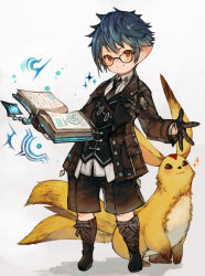 Rule 34 | 1boy, :3, arcanist (final fantasy), warrior of light (ff14), black-framed eyewear, black footwear, black gloves, black jacket, black necktie, black shorts, black vest, blue hair, book, boots, brown eyes, buttons, carbuncle (final fantasy), collared shirt, creature, cross-laced footwear, final fantasy, final fantasy xiv, full body, glasses, gloves, grimoire, highres, holding, holding book, jacket, kemomin nosuke, knee boots, lalafell, lapels, long sleeves, looking at viewer, male focus, multiple tails, necktie, open book, outstretched hand, pocket, pointy ears, shirt, short hair, shorts, simple background, smile, solo, sparkle, standing, tail, two tails, vest, white background, white shirt, yellow fur
