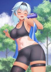 Rule 34 | 1girl, :d, ^ ^, alternate costume, bare shoulders, black hairband, black shorts, black thighhighs, blue hair, blue shirt, blue sky, blurry, blurry background, blush, breasts, cleavage, closed eyes, cloud, collarbone, commentary request, cowboy shot, crop top, day, eula (genshin impact), facing viewer, genshin impact, hairband, hand up, highres, holding, large breasts, medium hair, midriff, navel, off shoulder, open clothes, open mouth, open shirt, shirt, short shorts, shorts, single thighhigh, skindentation, sky, smile, solo, sports bra, standing, stomach, tan, tanline, tatsumiya kagari, thigh strap, thighhighs, thighs, tree