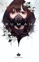 Rule 34 | 1girl, brown hair, commentary request, flower, gas mask, hair flower, hair ornament, highres, kuroduki (pieat), looking at viewer, mask, original, oxygen mask, portrait, red eyes, short sleeves, solo, turtleneck, white flower
