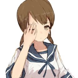 Rule 34 | 1girl, alchera, blue neckerchief, blue sailor collar, brown eyes, brown hair, collared shirt, hand over eye, kantai collection, low twintails, neckerchief, one eye closed, parted bangs, sailor collar, school uniform, serafuku, shirayuki (kancolle), shirt, short twintails, simple background, solo, twintails, upper body, white background