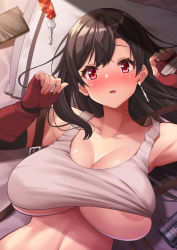 Rule 34 | 1girl, areola slip, black hair, breasts, cleavage, final fantasy, final fantasy vii, fingerless gloves, gloves, highres, key, kojirou!, large breasts, long hair, looking at viewer, lying, navel, red eyes, red gloves, solo, square enix, tank top, tifa lockhart, white tank top