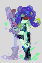 Rule 34 | 1girl, amakusa (hidorozoa), belt, black gloves, blue hair, boots, breasts, closed mouth, colored skin, fingerless gloves, full body, gloves, goggles, green skin, grey background, gun, highres, holding, holding gun, holding weapon, looking at viewer, nintendo, paint gun, simple background, small breasts, smile, solo, splatoon (series), splatoon 2, suction cups, tentacle hair, weapon