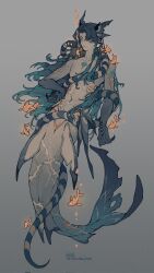 Rule 34 | 1boy, animal, blue hair, blue skin, braid, bubble, claws, closed mouth, colored skin, commentary, fins, fish, full body, gills, gradient hair, grey background, grey skin, hand on own hip, head fins, highres, long hair, male focus, merman, monster boy, multicolored hair, multicolored skin, nude, orange eyes, original, scar, scar on neck, scar on stomach, scar on tail, shark boy, shell hair ornament, shuini xiaomao, simple background, snake, solo, symbol-only commentary, too many, too many scars