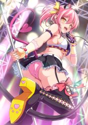 Rule 34 | 10s, 1girl, animal ears, arched back, arm belt, armband, ass, bad id, bad pixiv id, bare shoulders, bead bracelet, beads, belt, black footwear, black skirt, blush, boots, bow, bracelet, breasts, cable, cat ears, cross-laced footwear, demon tail, earrings, fake animal ears, fang, female focus, fingerless gloves, fingernails, frilled skirt, frills, from behind, from below, garter straps, gloves, hair between eyes, hair bow, heart, heart earrings, heart tail, high heel boots, high heels, highres, holding, holding microphone, idolmaster, idolmaster cinderella girls, jewelry, jougasaki mika, lace, lace-up boots, large breasts, leg up, long fingernails, long hair, looking back, microphone, microphone stand, midriff, miniskirt, music, nail polish, open mouth, panties, pantyshot, paw print, paw print soles, pendant, pink hair, pink nails, pink panties, ponytail, red bow, sideboob, singing, skirt, sleeveless, smile, solo, stage, standing, star (symbol), tail, thigh boots, thighhighs, tiphereth, twintails, underboob, underwear, upskirt, yellow bow, yellow eyes