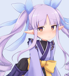 Rule 34 | 1girl, blue background, blue kimono, blue ribbon, blue skirt, blush, bow, brown eyes, chiji komari, closed mouth, commentary request, hair ribbon, highres, japanese clothes, kimono, kyoka (princess connect!), long hair, long sleeves, looking at viewer, parted bangs, pleated skirt, pointy ears, princess connect!, purple hair, ribbon, ringlets, sidelocks, simple background, skirt, solo, twintails, very long hair, wavy mouth, wide sleeves, yellow bow