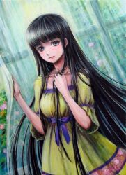 Rule 34 | 1girl, black eyes, black hair, blunt bangs, breasts, closed mouth, collarbone, commentary request, cowboy shot, dress, flower, hand in own hair, hime cut, light smile, long hair, looking at viewer, original, ribbon, sidelocks, small breasts, solo, tafuto, traditional media, very long hair, window