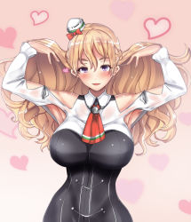 Rule 34 | 10s, 1girl, aged up, armpits, arms up, ascot, big hair, blush, bow, braid, breasts, clothing cutout, eyelashes, french braid, gradient background, hair between eyes, hair bow, hand in own hair, hat, heart, heart background, highres, kantai collection, large breasts, long hair, long sleeves, looking at viewer, mini hat, parted lips, red bow, shoulder cutout, solo, untue, upper body, wavy hair, zara (kancolle)