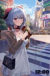 Rule 34 | 1girl, absurdres, ahoge, alternate costume, bag, black choker, blue hair, blue sky, blush, breasts, buttons, car, casual, cellphone, choker, city, cleavage, cowboy shot, crosswalk, cup, day, disposable cup, dress, drinking, ganyu (genshin impact), genshin impact, handbag, highres, holding, holding cup, holding phone, horns, jacket, jewelry, kawa683, large breasts, long hair, long sleeves, motor vehicle, nail polish, necklace, open clothes, open jacket, orange nails, outdoors, phone, purple eyes, real world location, revision, ring, road, shibuya (tokyo), shoulder bag, sky, smartphone, street, tokyo (city), unbuttoned, white dress