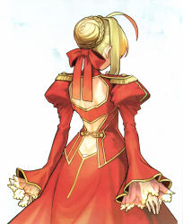 Rule 34 | 1girl, ahoge, back, back cutout, blonde hair, butt crack, clothing cutout, dress, epaulettes, fate/extra, fate (series), highres, nero claudius (fate), nero claudius (fate) (all), nero claudius (fate/extra), official art, red dress, ribbon, scan, see-through, solo, wada arco