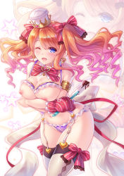 Rule 34 | 1girl, alice (sennen sensou aigis), alternate costume, armband, blue eyes, blush, bow, bra, breast hold, breasts, buckle, chocolate, cleavage, crown, cupless bra, earrings, garter straps, hair ribbon, hat, heart, heart earrings, jewelry, lace, lace bra, lace panties, lace ribbon, large breasts, leaning forward, leg ribbon, legs together, lingerie, long hair, looking at viewer, makirin, mini crown, mittens, navel, neck ribbon, nipples, one eye closed, open mouth, orange hair, panties, purple bra, purple panties, red ribbon, ribbon, sennen sensou aigis, smile, solo, spatula, standing, star (symbol), starry background, striped ribbon, thigh ribbon, thighhighs, twintails, underwear, valentine, white ribbon