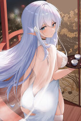 Rule 34 | 1girl, absurdres, albion (azur lane), albion (scent of spring in the red pavilion) (azur lane), ass, azur lane, back, blue eyes, breasts, butterfly hair ornament, dress, flower, hair flower, hair ornament, highres, large breasts, long hair, long pointy ears, looking at viewer, official alternate costume, pointy ears, see-through, see-through dress, slqnsdl, solo, thighhighs, very long hair, white dress, white thighhighs