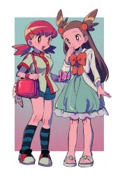 Rule 34 | 2girls, :d, bag, bow, brown eyes, brown hair, buttons, cardigan, commentary, creatures (company), dress, eyelashes, game freak, green dress, hair ornament, hairclip, hand up, handbag, highres, holding, jacket, jasmine (pokemon), kneehighs, knees, long hair, multiple girls, nintendo, ok ko19, open mouth, orange bow, parted lips, pink hair, pokemon, pokemon hgss, sandals, shoes, shorts, smile, socks, standing, striped clothes, striped socks, toes, twintails, two side up, white cardigan, whitney (pokemon)