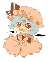 Rule 34 | 1girl, bad id, bad pixiv id, chibi, chikori, crying, crying with eyes open, dress, fang, female focus, grey hair, hat, lowres, open mouth, red eyes, remilia scarlet, simple background, sobbing, solo, tears, touhou, v arms, wings